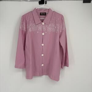 NWT Bob Mackie Purple Button Down Floral Wearable Art Top Shirt Sz Large